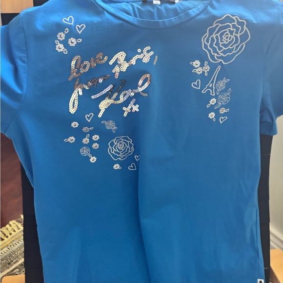 Karl Lagerfeld Blue Tee with Silver Floral Accents - Picture 1 of 4
